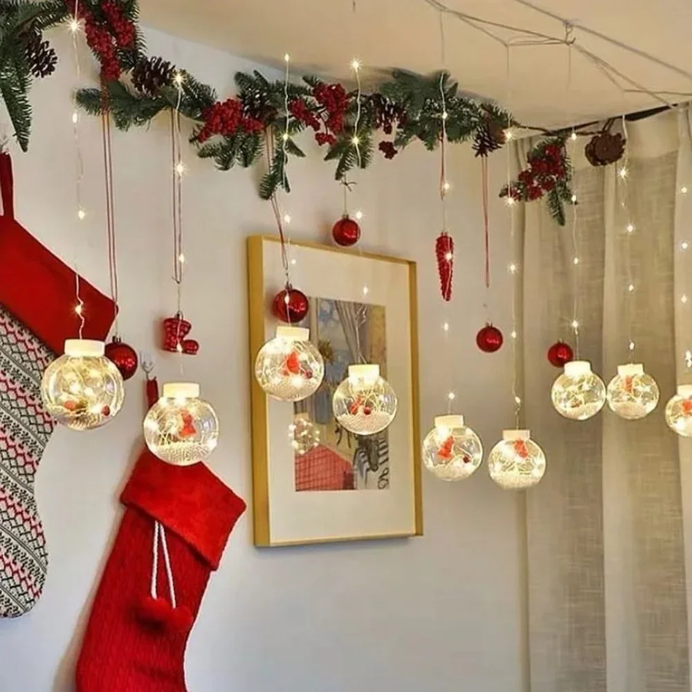 LED Curtain String Light Ball with Santa Claus and Snow in Xmas Tree Christmas D